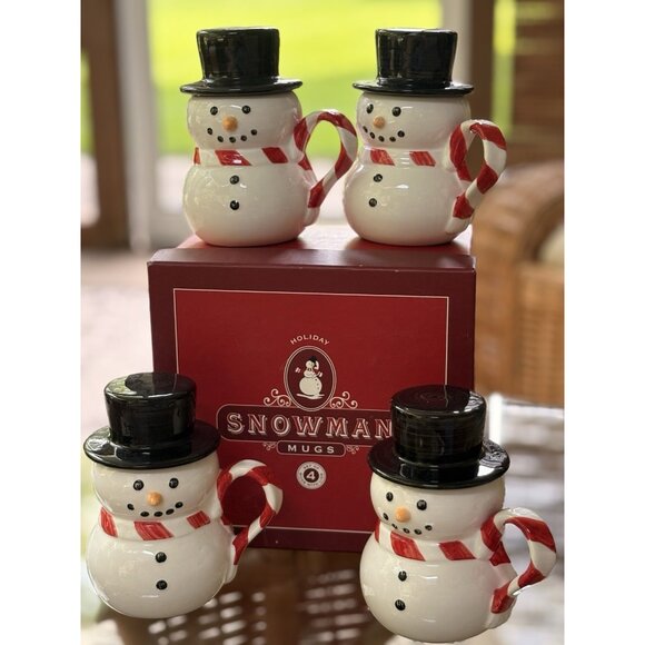 Williams Sonoma Snowman Mugs w Hats Set Of 4 2004 Holiday Christmas Original Box - Picture 1 of 9
